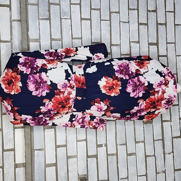 DR2 Navy and Pink Floral V-Neck 3/4 Sleeve Shift Dress Size Small Lined Pockets - Picture 4 of 13